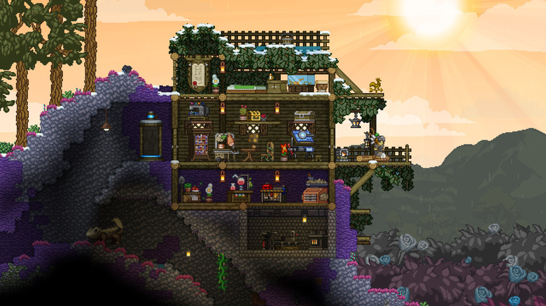 A cross-section of a house resting on a cliffside in Starbound