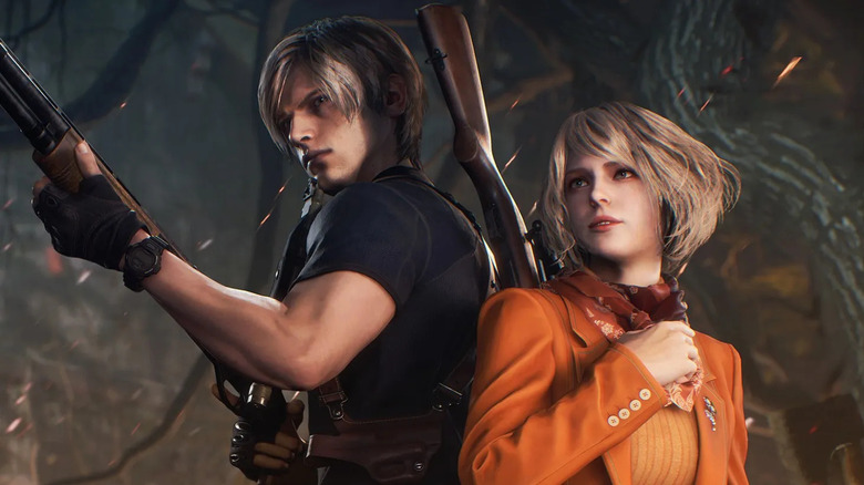 Leon S. Kennedy and Ashley Graham stand back-to-back in promo art for Resident Evil 4 (2023)