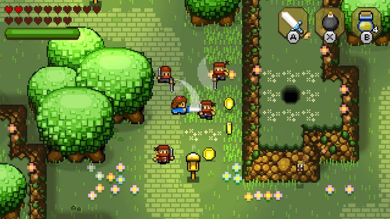 Lily battles a group of masked bandits in a forest in "Blossom Tales: The Sleeping King" (2017)