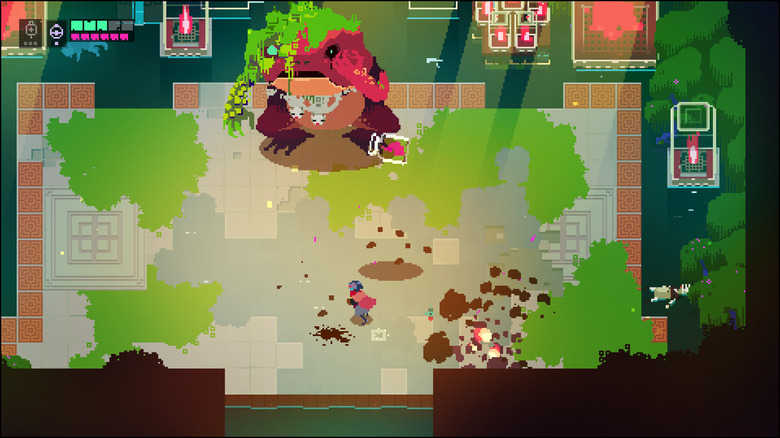 The Drifter battles a giant moss-covered monster in "Hyper Light Drifter" (2016)