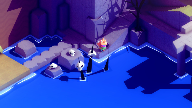 The player character stands at the bottom of a seaside cliff with skeletons in the rocks in "Tunic" (2022)