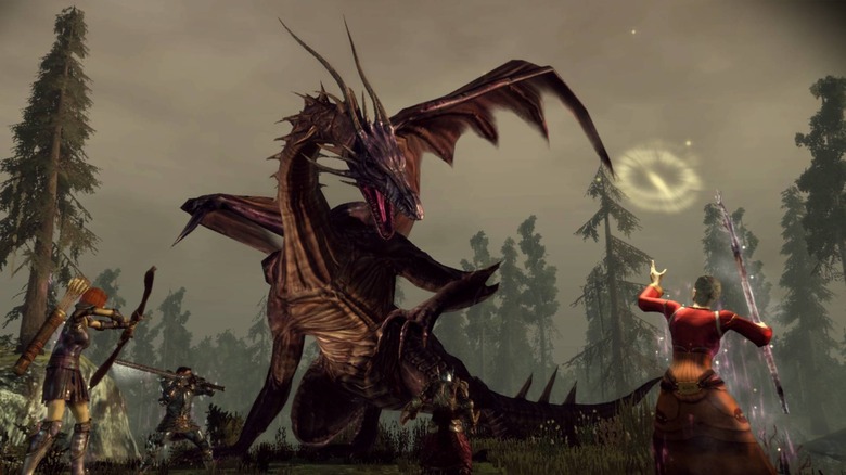 A group of fantasy heroes attack a large dragon in Dragon Age: Origins