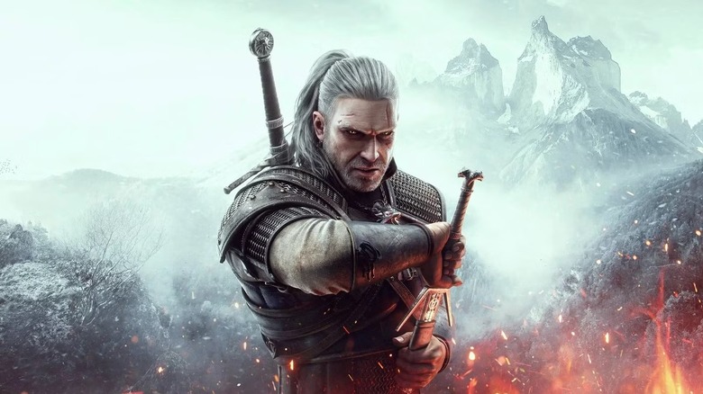 Geralt of Rivia draws his enchanted sword on the cover art for The Witcher 3: Wild Hunt