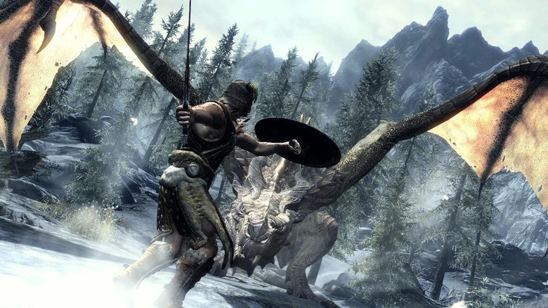 The Dragonborn faces a towering dragon in The Elder Scrolls V: Skyrim