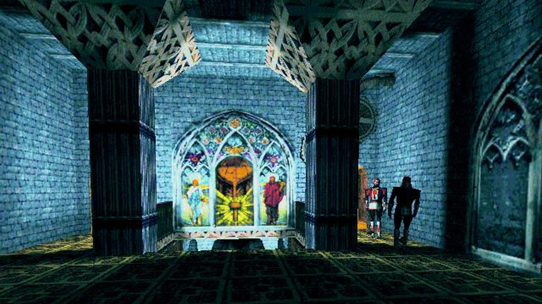 Guards walk through a darkened cathedral in Thief: The Dark Project