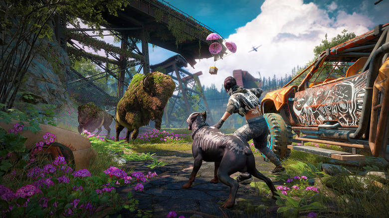Mutated bison charge at the player player and her dog in Far Cry New Dawn