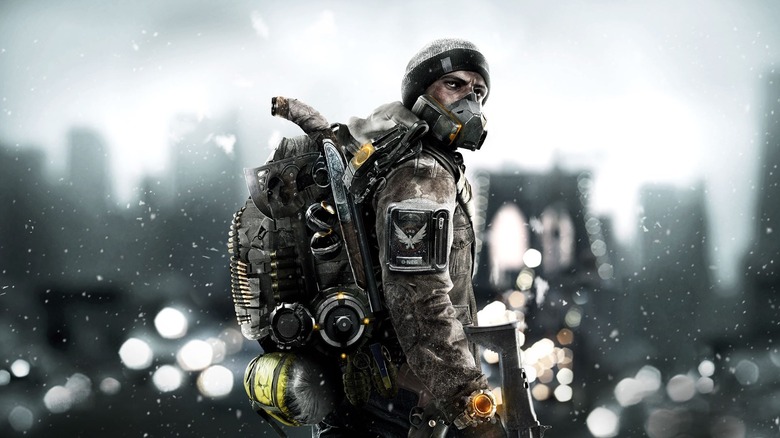 A soldier stands wearing a gas mask in promotional artwork for Tom Clancy's The Division
