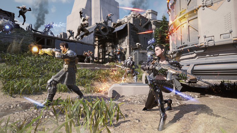 Descendants defend a base from attacking Vulgus in The First Descendant