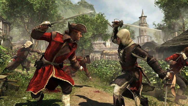 Edward Kenway sword fights with a British soldier in Assassin's Creed IV: Black Flag