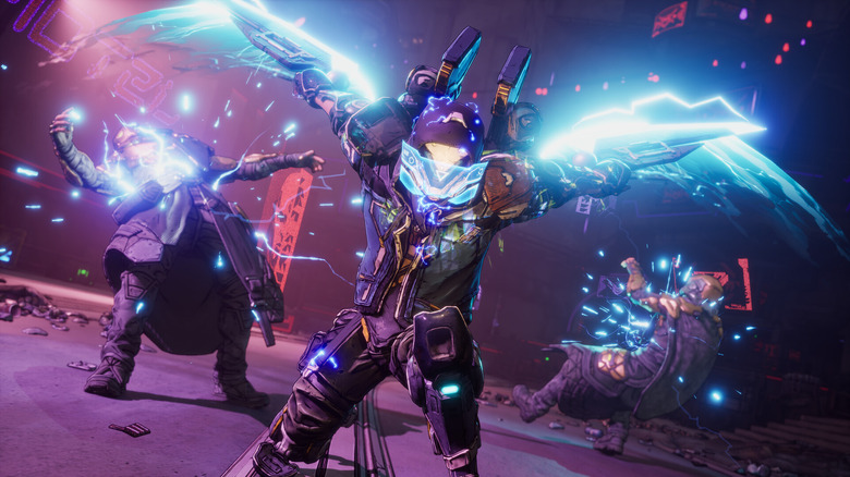 Three Borderlands 4 players fighting with blue electricity powers