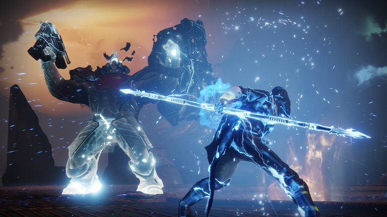 A Destiny 2 player fighting a large boss with a blue-glowing sword