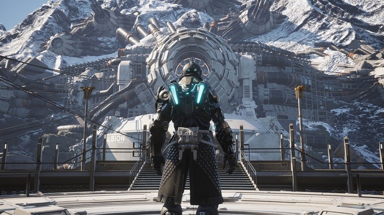 A player in The First Descendant standing in front of a snowy base