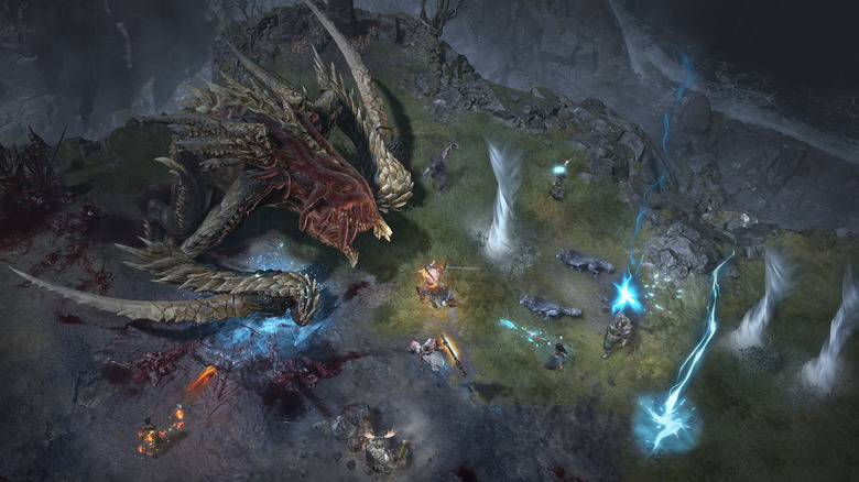 A Diablo IV player challenging a dragon in an open field