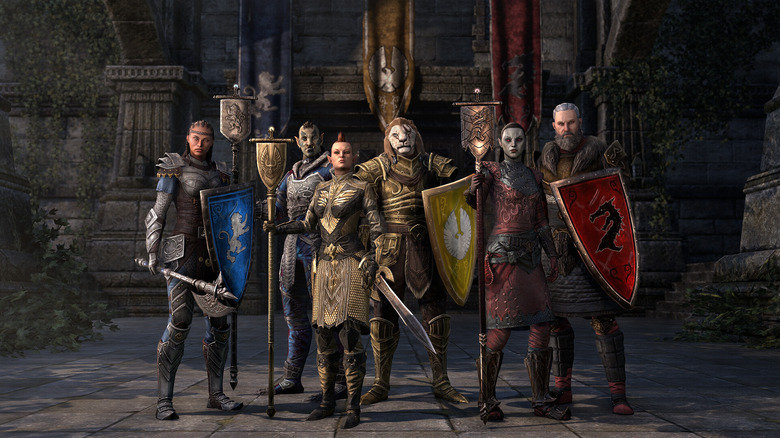 Elder Scrolls Online players in fashion gear looking at the camera