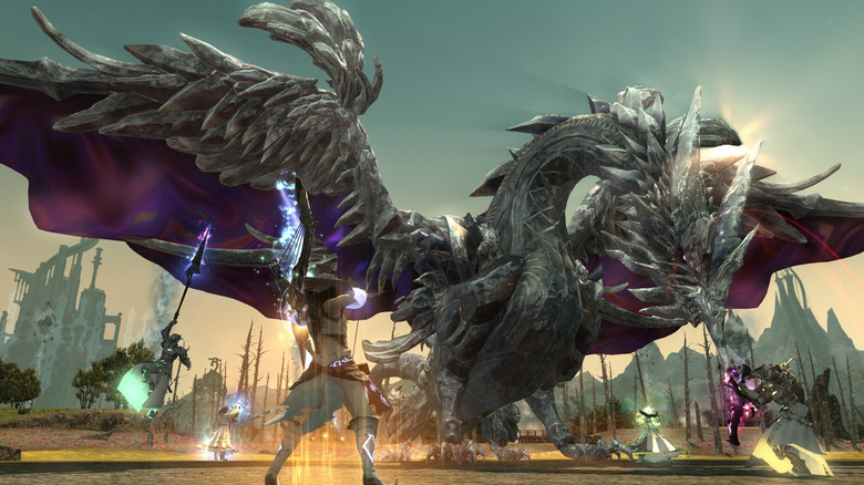 A Final Fantasy XIV player shooting a bow and arrow at a dragon