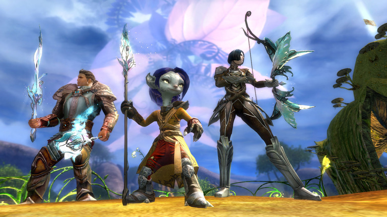 Three Guild Wars 2 players engaging in combat with different weapons