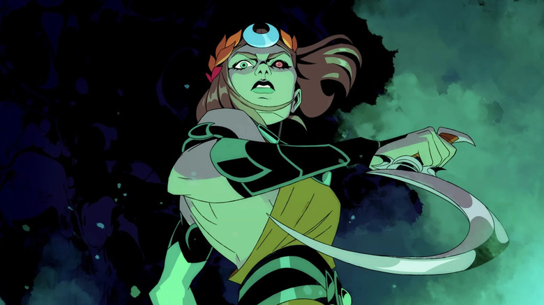 Melino&euml; stands holding her scythe on promotional artwork for Hades II