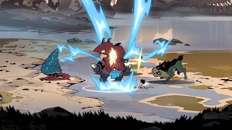 A dwarf hero casts a lightning spell while surrounded by monsters in "Absolum"