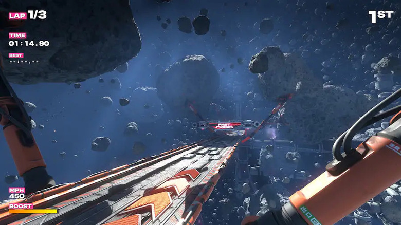 A look at a race track through an asteroid belt in "Fast Fusion"