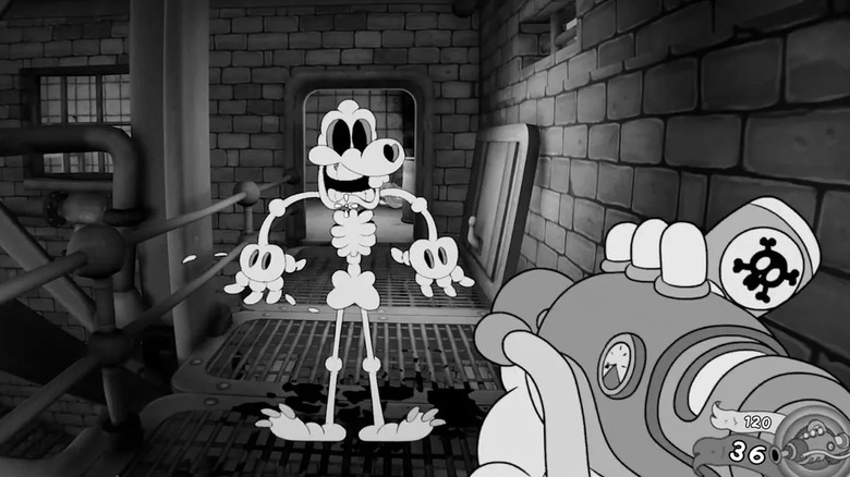 The player points a poison gun at a shocked skeleton in Mouse: P.I. for Hire