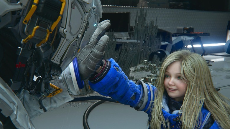 Diana high-fives Hugh in Pragmata