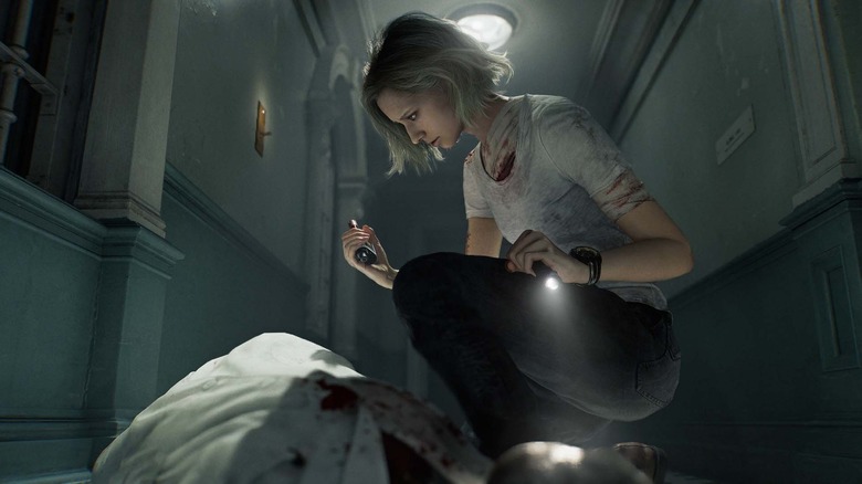 Grace Ashcroft kneeling over a body in Resident Evil Requiem