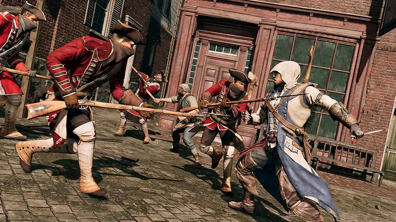 Connor fights a group of British soldiers in Assassin's Creed 3