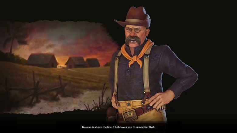 Teddy Roosevelt stands in his Rough Riders gear in Civilization 6