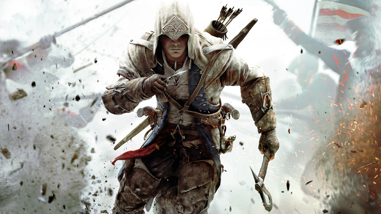Connor runs through a Revolutionary War battle holding a hatchet in Assassin's Creed 3