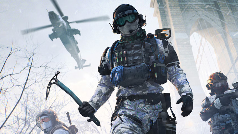 A soldier holds an ice pick while leading his squad in Battlefield 6