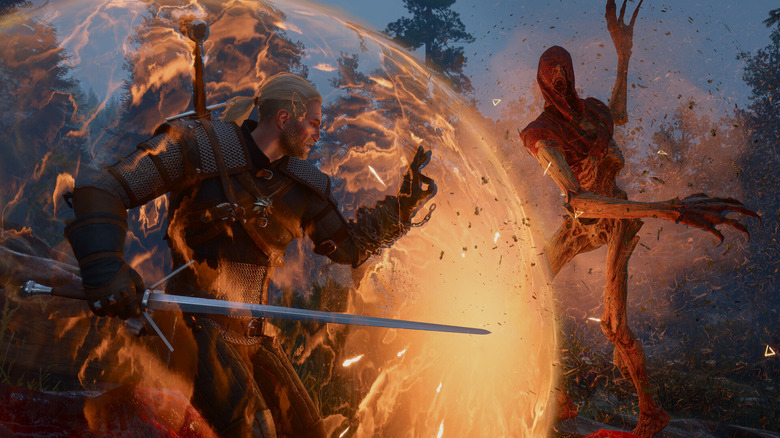 Geralt of Rivia shields himself with a forcefield The Witcher III: Wild Hunt
