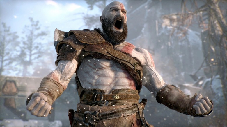 Kratos roars defiantly in "God of War Ragnarök" (2022)