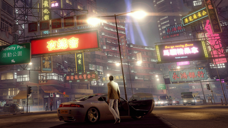 Wei Shen steps into a car while surveying Hong Kong in Sleeping Dogs
