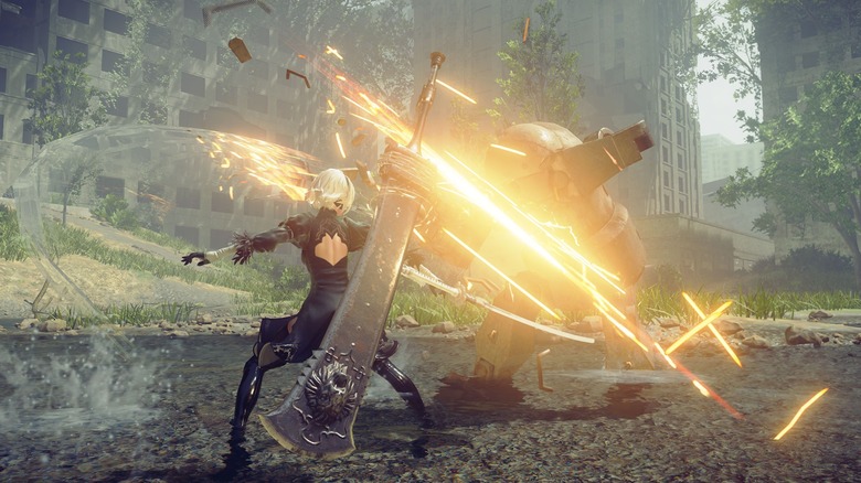2B fighting with a broadsword in NieR: Automata