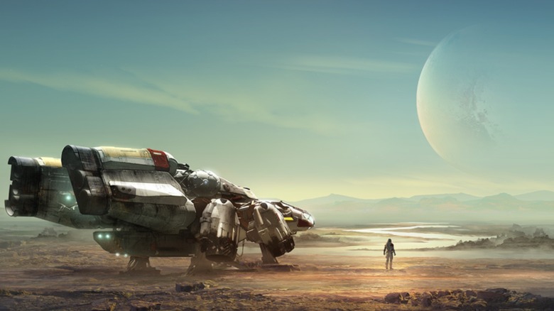 Pilot standing outside spaceship in Starfield key art