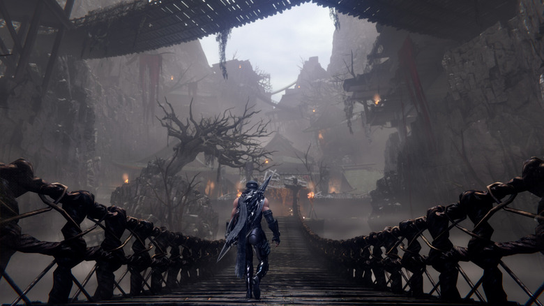 Yakumo walks down a rope bridge in Ninja Gaiden 4