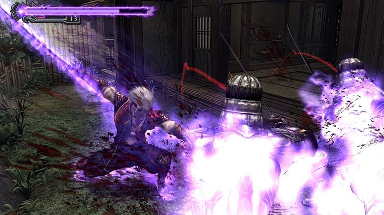 A transformed Jubei Yagyu strikes enemies with purple energy in Onimusha 2: Samurai's Destiny