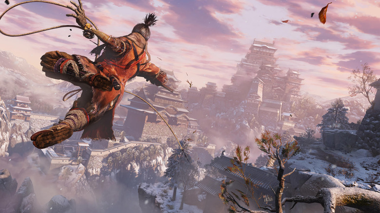 Wolf leaps over a canyon towards a castle in Sekiro: Shadows Die Twice