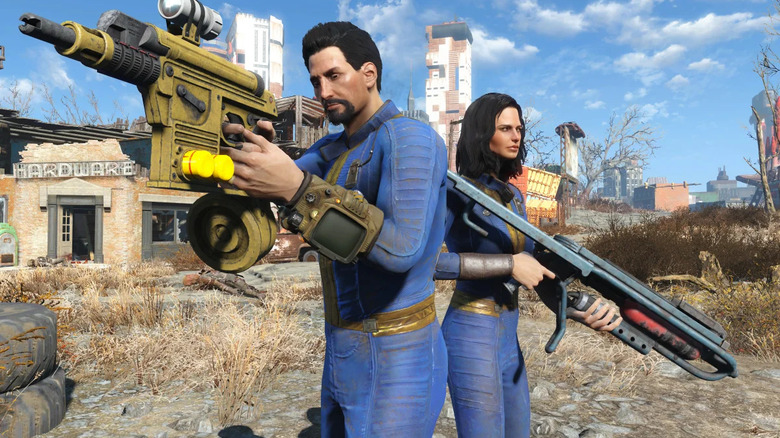 Two survivors hold large futuristic weapons in Fallout 4