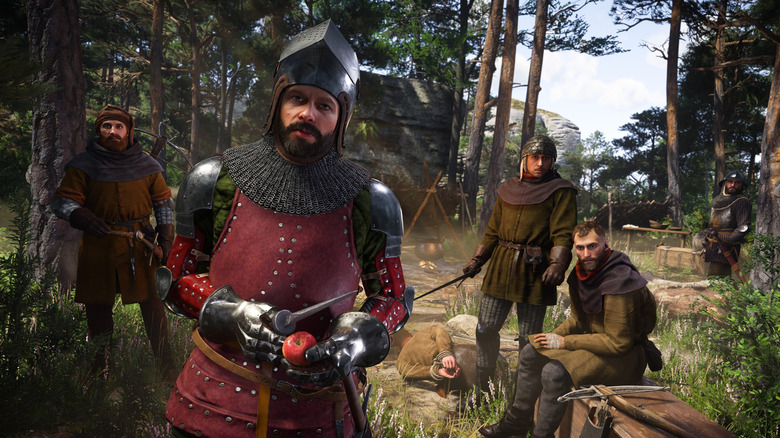 A group of soldiers look up warily from a campfire in Kingdom Come: Deliverance II