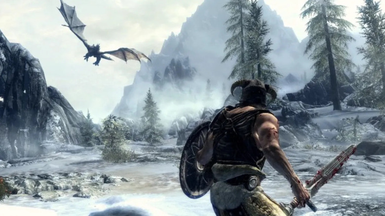 A warrior prepares for a swooping dragon in The Elder Scrolls V: Skyrim