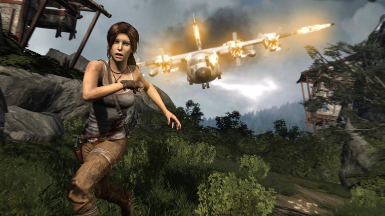 Lara Croft running from a crashing plane on fire