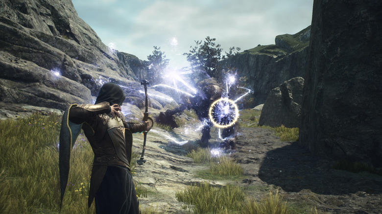 A Dragon's Dogma 2 character shooting a magic arrow at an enemy