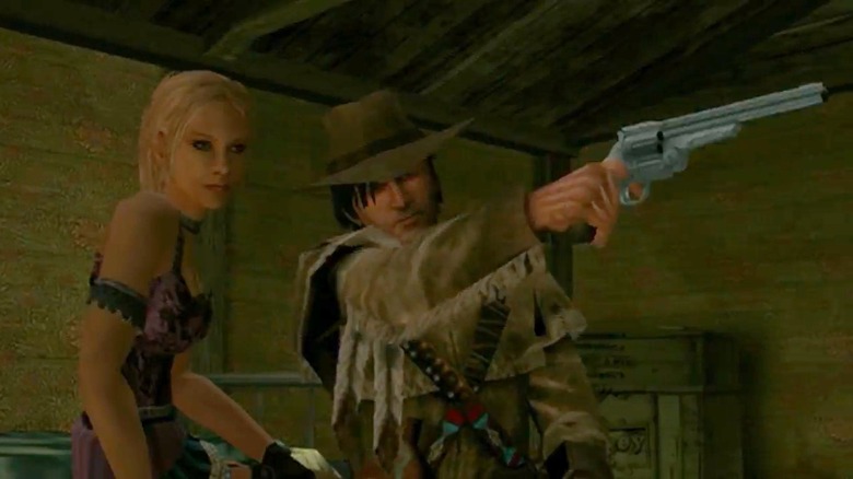 Cutscene screenshot from Gun by Neversoft featuring the main character brandishing a revolver