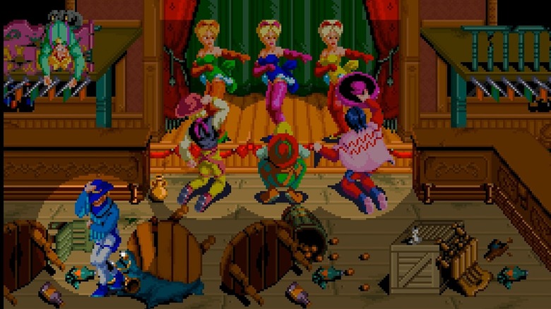 Screenshot of the dancing saloon girls in Sunset Riders.