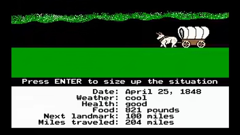 Screenshot of classic Oregon Trail, with the wagon heading west and status text along the bottom.