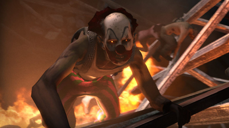 A clown zombie climbs a girder in Left 4 Dead 2