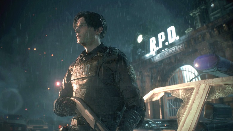 Leon S. Kennedy holds a shotgun outside the Raccoon City police station in Resident Evil 2 (2019)
