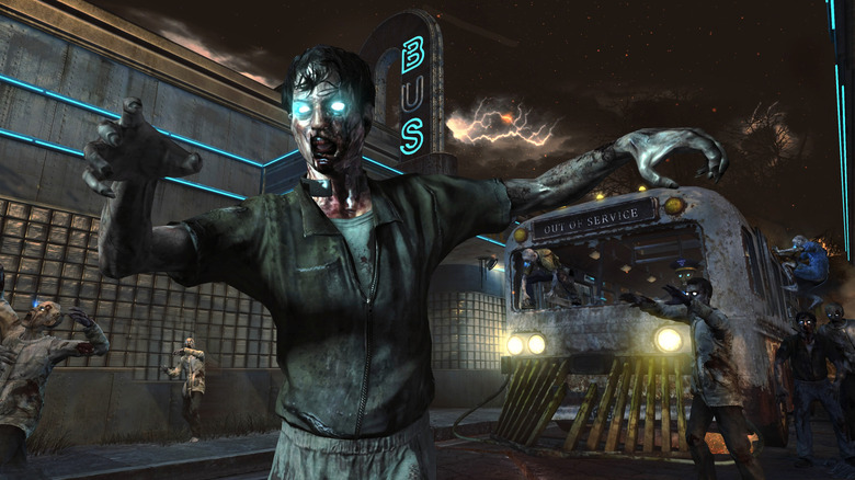 Zombies prowl around an abandoned bus stop in Call of Duty: Black Ops II