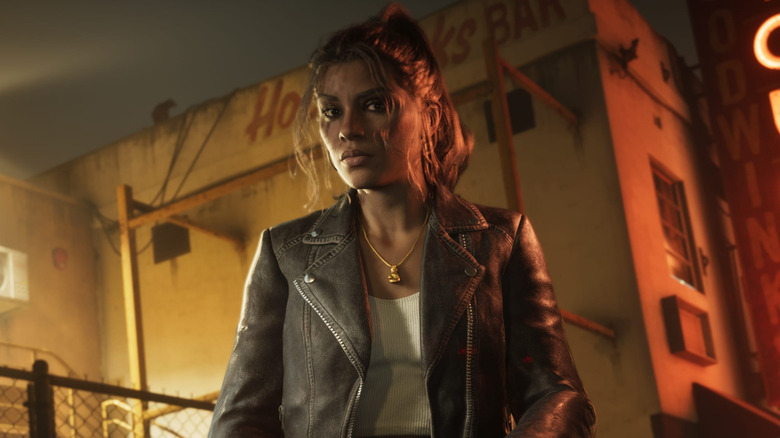 Lucia sitting on a motorcycle in Grand Theft Auto VI